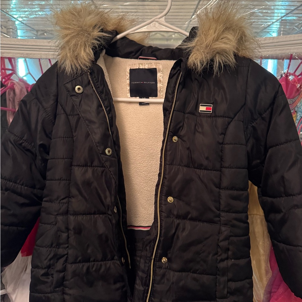 Tommy Hilfiger Black Kids Jacket with Fur Trim